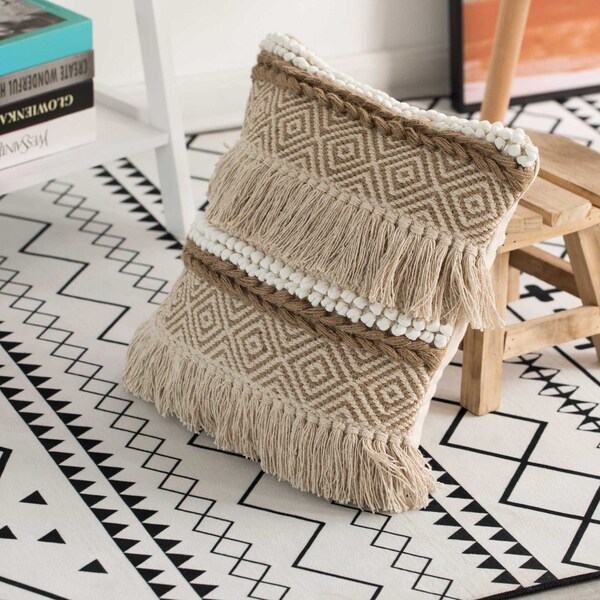 Deerlux 16" Cotton Throw Pillow Cover with Embossed White Dots and Natural Fringed Pattern with Filler - QI004301.NC.K