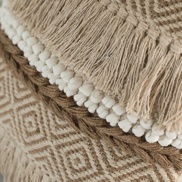 Deerlux 16" Cotton Throw Pillow Cover with Embossed White Dots and Natural Fringed Pattern with Filler - QI004301.NC.K