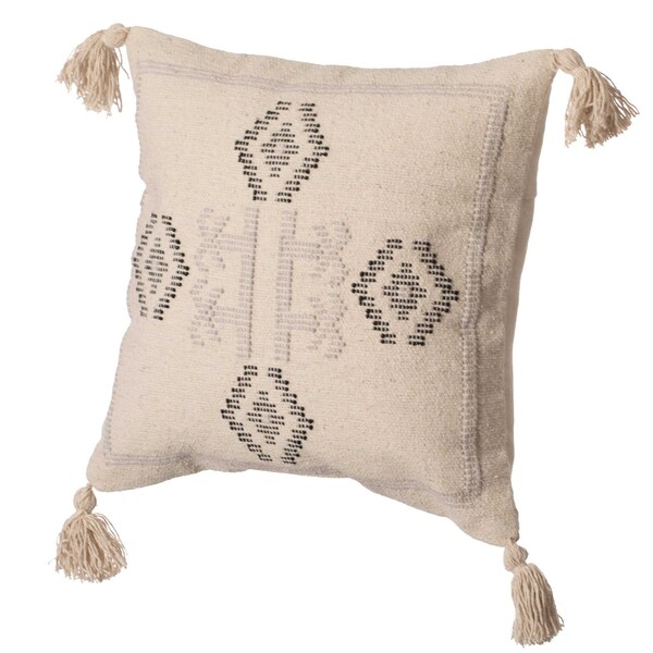 Deerlux 16" Handwoven Cotton Throw Pillow Cover with Tribal Aztec Design and Tassel Corners, Natural - QI004312.NC