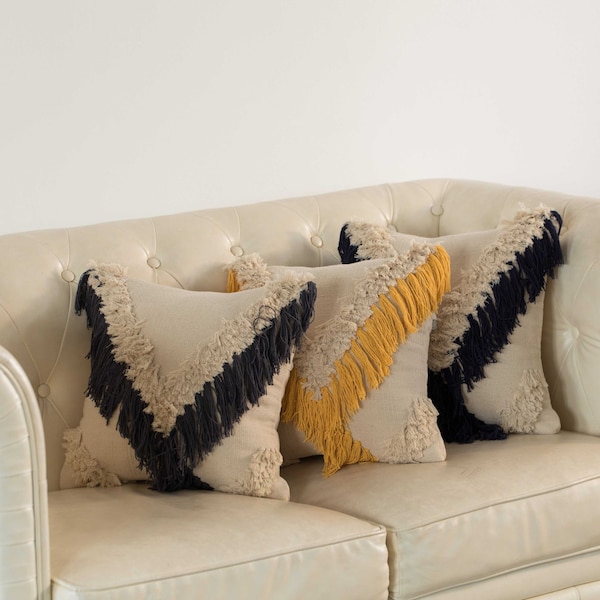 Deerlux 16" Handwoven Cotton Throw Pillow Cover with Embossed and Fringed Crossed line, Yellow - QI004300.YL