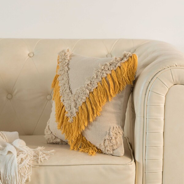 Deerlux 16" Handwoven Cotton Throw Pillow Cover with Embossed and Fringed Crossed line, Yellow - QI004300.YL