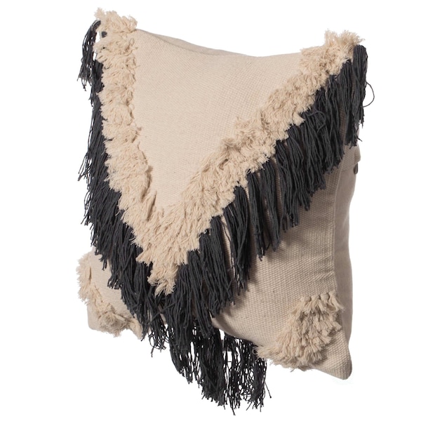 Deerlux 16" Handwoven Cotton Throw Pillow Cover with Embossed and Fringed Crossed line with Filler, Charcoal - QI004300.CH.K