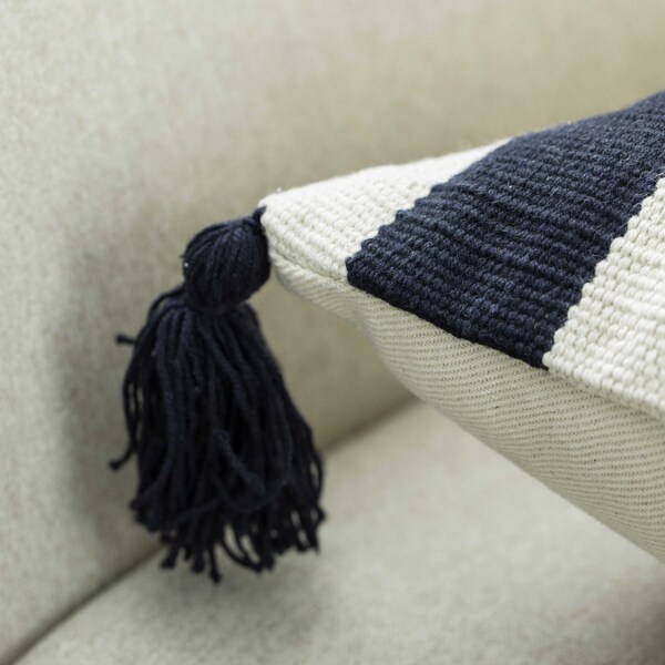 Deerlux 16" Handwoven Cotton Throw Pillow Cover with Side Stripes with Filler, Black - QI004311.BK.K
