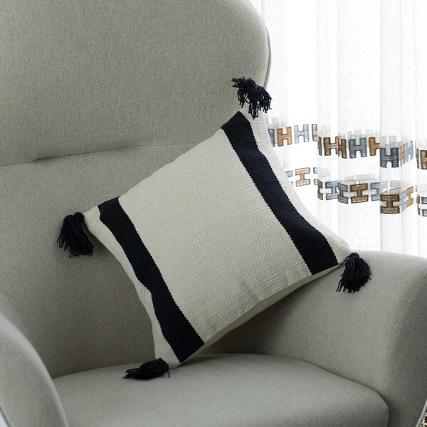 Deerlux 16" Handwoven Cotton Throw Pillow Cover with Side Stripes with Filler, Black - QI004311.BK.K