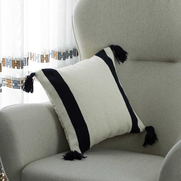 Deerlux 16" Handwoven Cotton Throw Pillow Cover with Side Stripes with Filler, Black - QI004311.BK.K