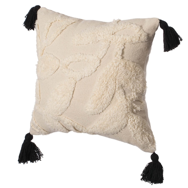 Deerlux 16" Handwoven Cotton Throw Pillow Cover with White Tufted Stem Pattern and Black Tassel Corners - QI004307.ST