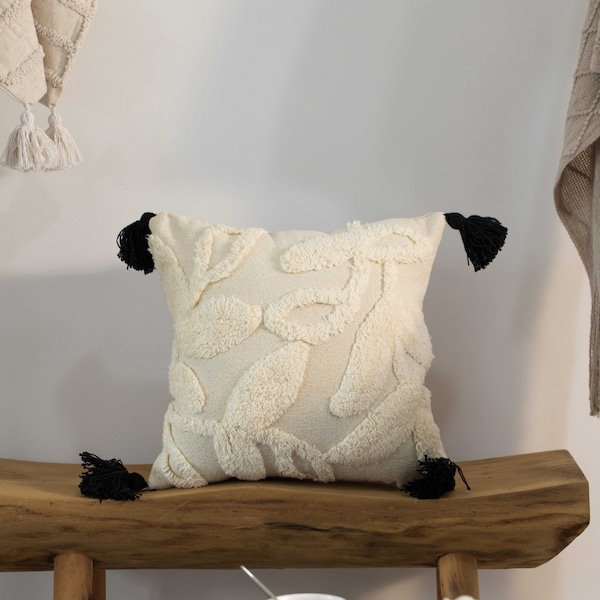 Deerlux 16" Handwoven Cotton Throw Pillow Cover with White Tufted Stem Pattern and Black Tassel Corners - QI004307.ST