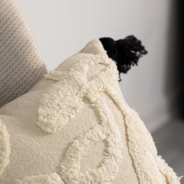 Deerlux 16" Handwoven Cotton Throw Pillow Cover with White Tufted Stem Pattern and Black Tassel Corners - QI004307.ST