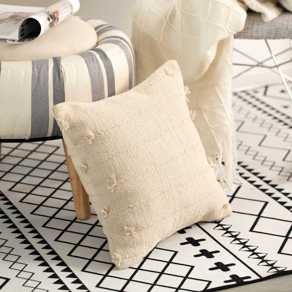 Deerlux 16" Handwoven Cotton Throw Pillow Cover with Drawstring with Filler, Natural - QI004309.DS.K