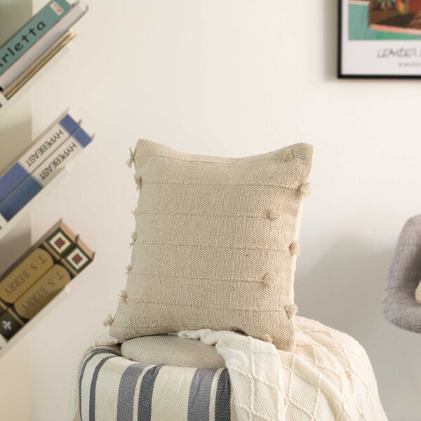 Deerlux 16" Handwoven Cotton Throw Pillow Cover with Drawstring with Filler, Natural - QI004309.DS.K