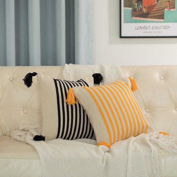 Deerlux 16" Handwoven Cotton Throw Pillow Cover with Striped Lines with Filler, Yellow - QI004310.YL.K