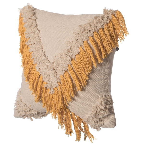 Deerlux 16" Handwoven Cotton Throw Pillow Cover with Embossed and Fringed Crossed line, Yellow - QI004300.YL.K