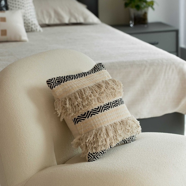 Deerlux 16" Handwoven Cotton Throw Pillow Cover with Boho Design and Fringed Lines, Natural - QI004308