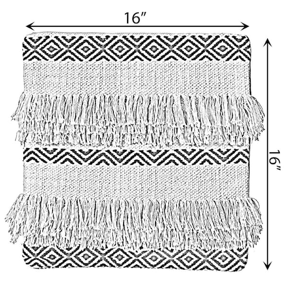 Deerlux 16" Handwoven Cotton Throw Pillow Cover with Boho Design and Fringed Lines, Natural - QI004308