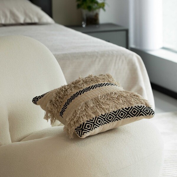 Deerlux 16" Handwoven Cotton Throw Pillow Cover with Boho Design and Fringed Lines, Natural - QI004308