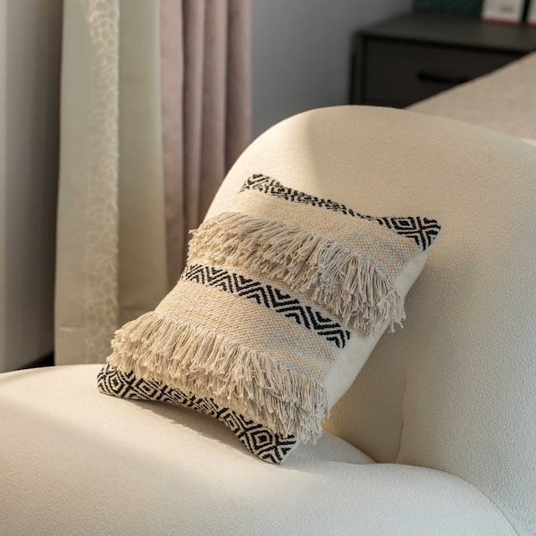 Deerlux 16" Handwoven Cotton Throw Pillow Cover with Boho Design and Fringed Lines, Natural - QI004308