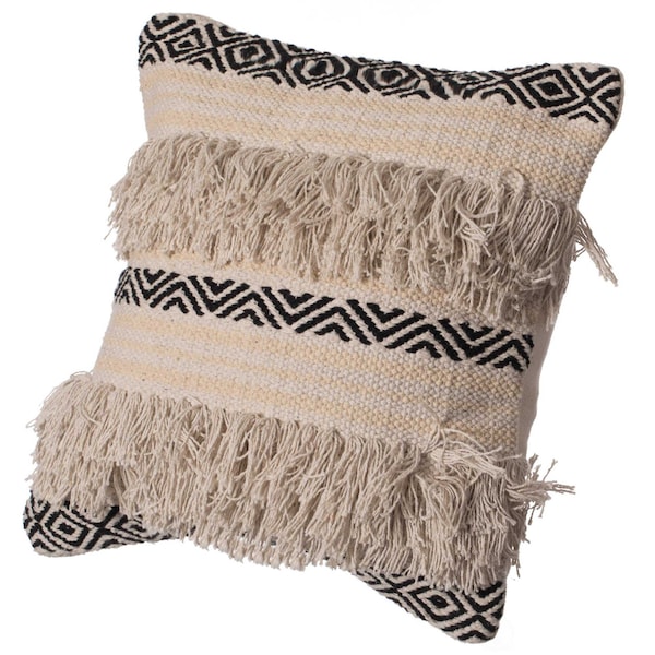 Deerlux 16" Handwoven Cotton Throw Pillow Cover with Boho Design and Fringed Lines, Natural - QI004308