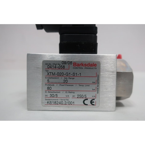 Interruptor de presión Barksdale 5-20Bar 250V CA 30V CC - XTM-020-G1-S1-1