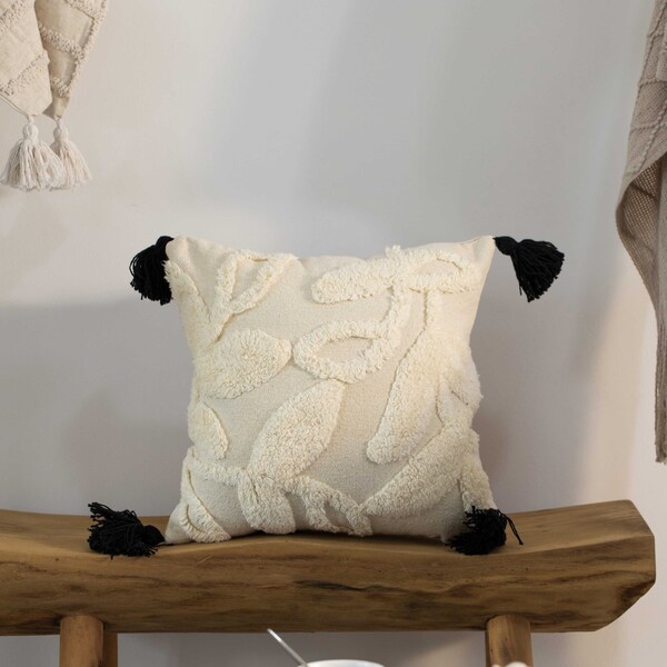 Deerlux 16" Cotton Throw Pillow Cover with White Tufted Stem Pattern and Black Tassel Corners with Filler - QI004307.ST.K