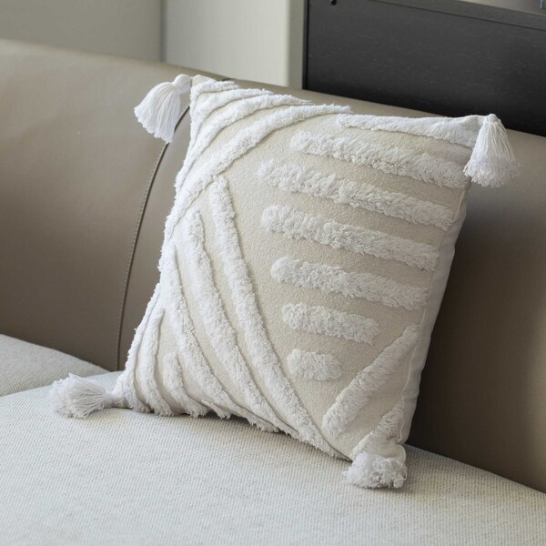 Deerlux 16" Cotton Throw Pillow Cover with White Tufted Line Pattern and Tassel Corners with Filler - QI004305.LN.K