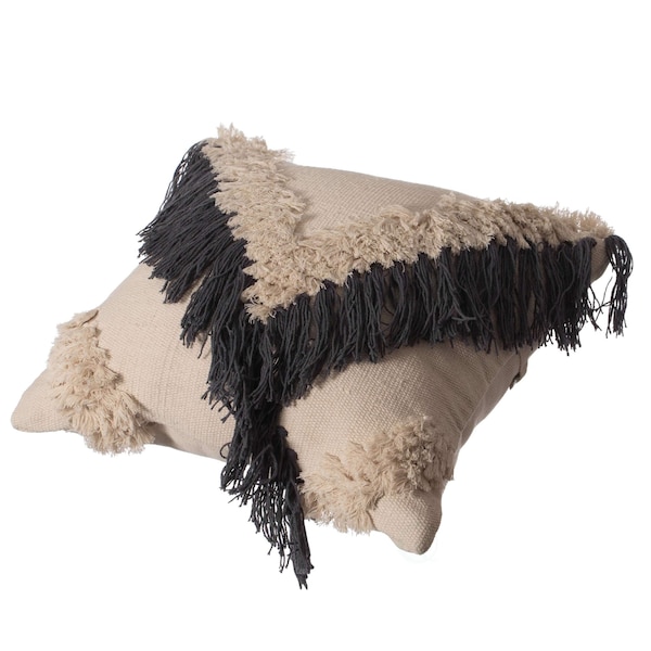 Deerlux 16" Handwoven Cotton Throw Pillow Cover with Embossed and Fringed Crossed line, Charcoal - QI004300.CH