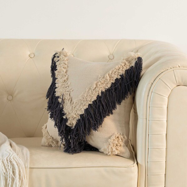 Deerlux 16" Handwoven Cotton Throw Pillow Cover with Embossed and Fringed Crossed line, Charcoal - QI004300.CH