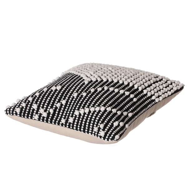 Deerlux 16" Handwoven Cotton Throw Pillow Cover with Embossed white dots on Black with Filler, Black & White - QI004301.BK.K