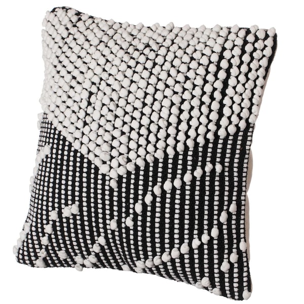 Deerlux 16" Handwoven Cotton Throw Pillow Cover with Embossed white dots on Black with Filler, Black & White - QI004301.BK.K