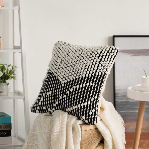 Deerlux 16" Handwoven Cotton Throw Pillow Cover with Embossed white dots on Black with Filler, Black & White - QI004301.BK.K