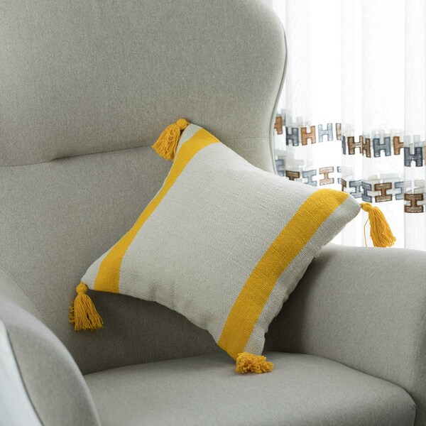 Deerlux 16" Handwoven Cotton Throw Pillow Cover with Side Stripes with Filler, Yellow - QI004311.YL.K