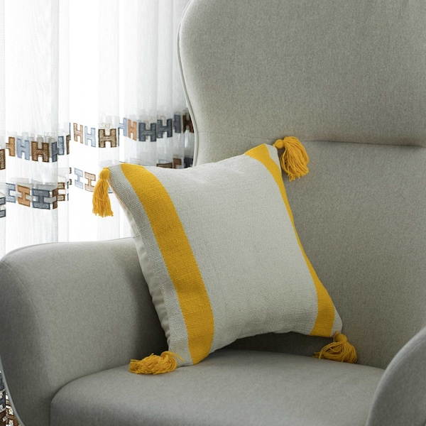 Deerlux 16" Handwoven Cotton Throw Pillow Cover with Side Stripes with Filler, Yellow - QI004311.YL.K