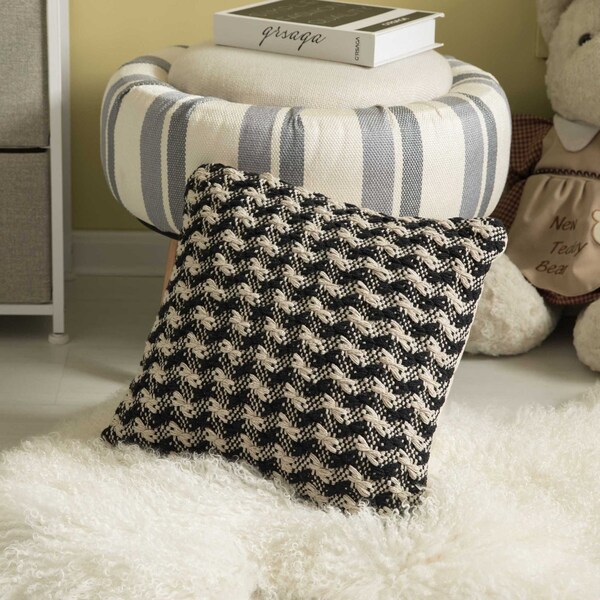 Deerlux 16" Handwoven Cotton Throw Pillow Cover with Small Black & White Chevron Pattern, Black & White - QI004302.CV