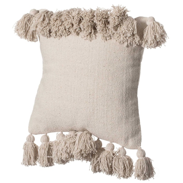 Deerlux 16" Handwoven Cotton Throw Pillow Cover with Side Fringed Tassels, Natural - QI004309.NC.K
