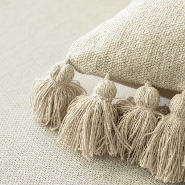 Deerlux 16" Handwoven Cotton Throw Pillow Cover with Side Fringed Tassels, Natural - QI004309.NC.K