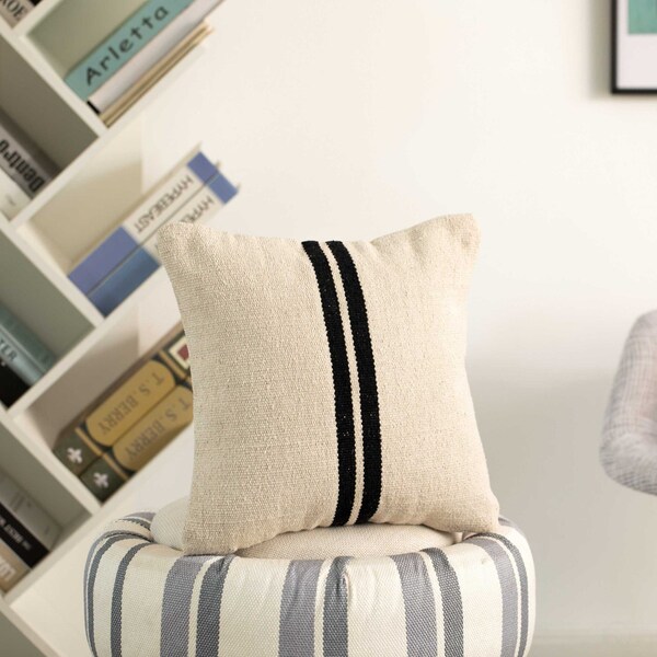 Deerlux 16" Handwoven Cotton Throw Pillow Cover with Two Center Black Stripes with Filler, Natural - QI004309.BK.K