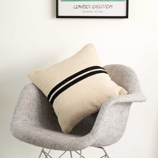 Deerlux 16" Handwoven Cotton Throw Pillow Cover with Two Center Black Stripes with Filler, Natural - QI004309.BK.K