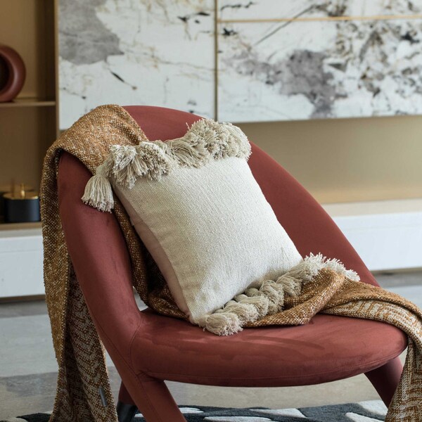 Deerlux 16" Handwoven Cotton Throw Pillow Cover with Side Fringed Tassels, Natural - QI004309.NC