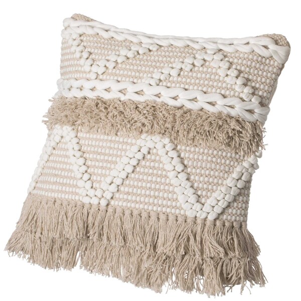 Deerlux 16" Cotton Throw Pillow Cover with White Dot Pattern and Natural Tassel Fringe Lines with Filler - QI004303.K