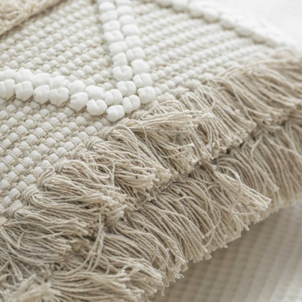 Deerlux 16" Cotton Throw Pillow Cover with White Dot Pattern and Natural Tassel Fringe Lines with Filler - QI004303.K