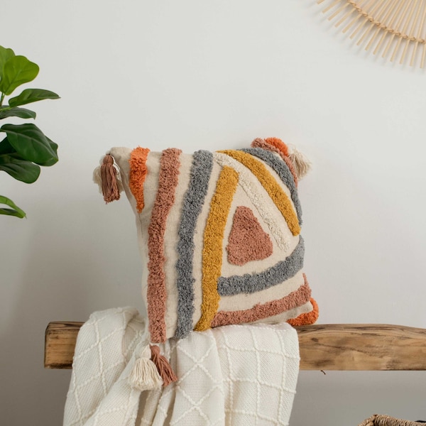 Deerlux 16" Handwoven Cotton Throw Pillow Cover with Tufted Line Pattern and Double Tassel Corners - QI004306.LN