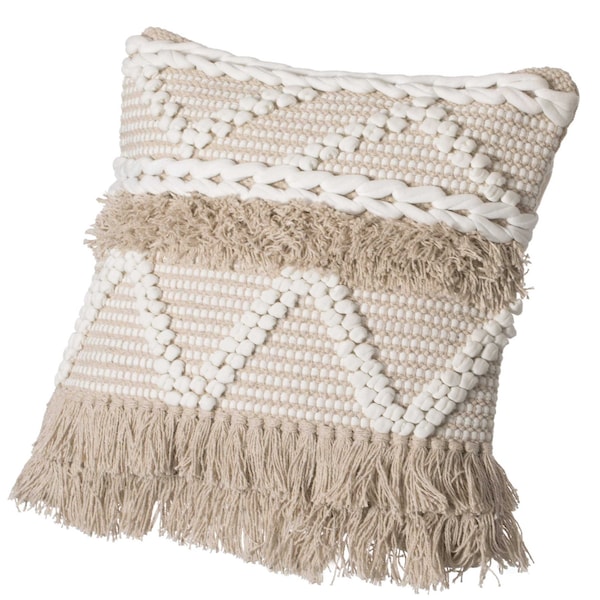 Deerlux 16" Handwoven Cotton Throw Pillow Cover with White Dot Pattern and Natural Tassel Fringe Lines - QI004303