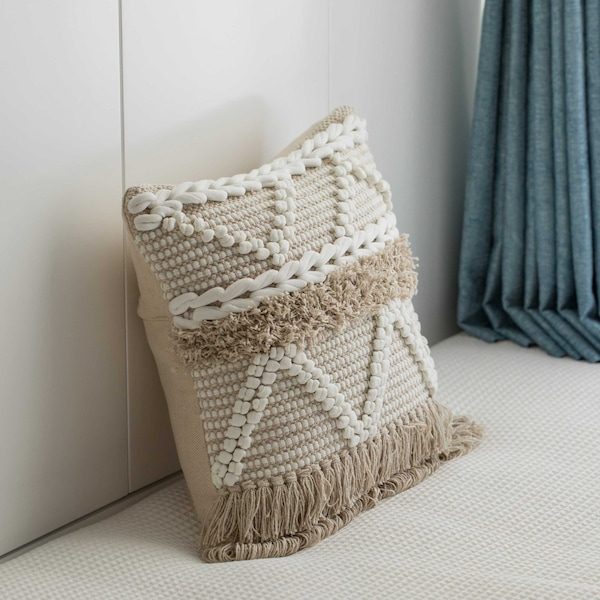 Deerlux 16" Handwoven Cotton Throw Pillow Cover with White Dot Pattern and Natural Tassel Fringe Lines - QI004303