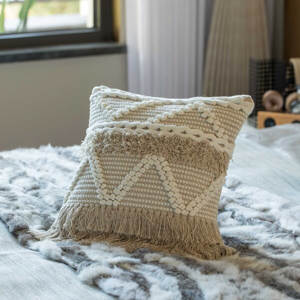 Deerlux 16" Handwoven Cotton Throw Pillow Cover with White Dot Pattern and Natural Tassel Fringe Lines - QI004303