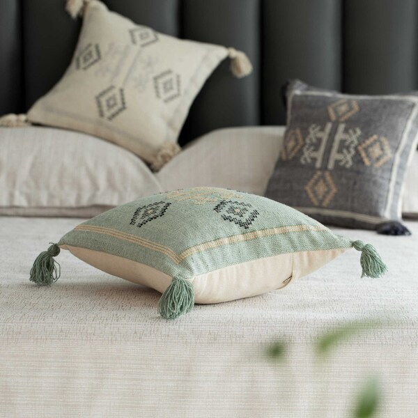 Deerlux 16" Handwoven Cotton Throw Pillow Cover with Tribal Aztec Design and Tassel Corners, Green - QI004312.GN