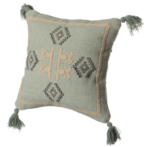 Deerlux 16" Handwoven Cotton Throw Pillow Cover with Tribal Aztec Design and Tassel Corners, Green - QI004312.GN