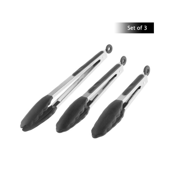 Hastings Home Set of 3 Kitchen Tongs, Stainless Steel with Non-Stick Silicone Tips, Utensils for Cooking, Grilling - 922444EXN