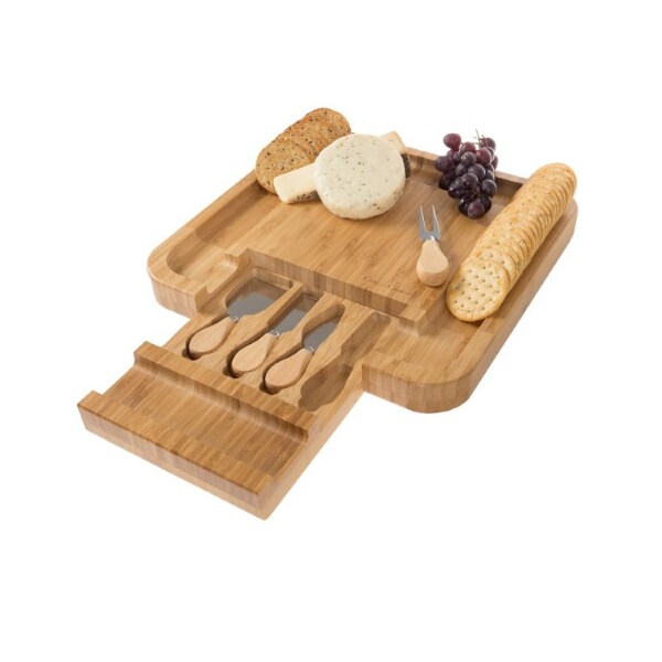 Hastings Home Bamboo Cheese Serving Tray with 4 Piece Stainless Steel Cutlery Set and Storage, Charcuterie Board - 590915WWY