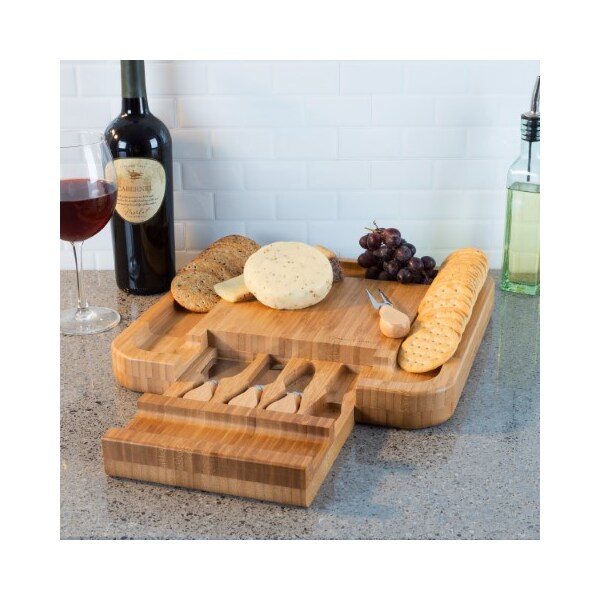 Hastings Home Bamboo Cheese Serving Tray with 4 Piece Stainless Steel Cutlery Set and Storage, Charcuterie Board - 590915WWY