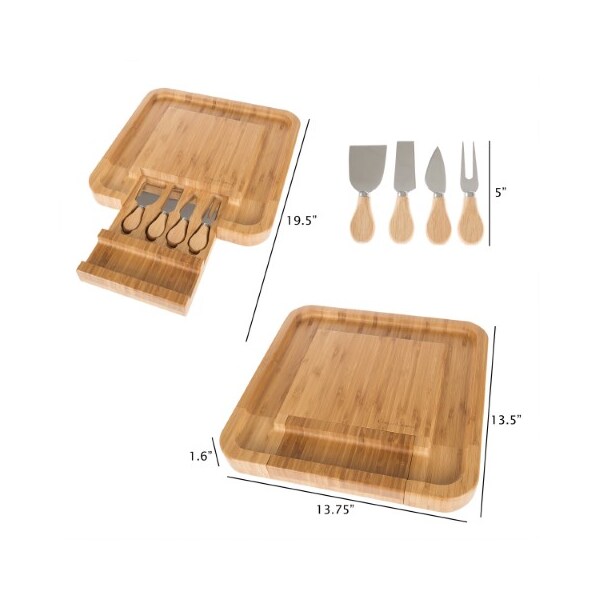 Hastings Home Bamboo Cheese Serving Tray with 4 Piece Stainless Steel Cutlery Set and Storage, Charcuterie Board - 590915WWY