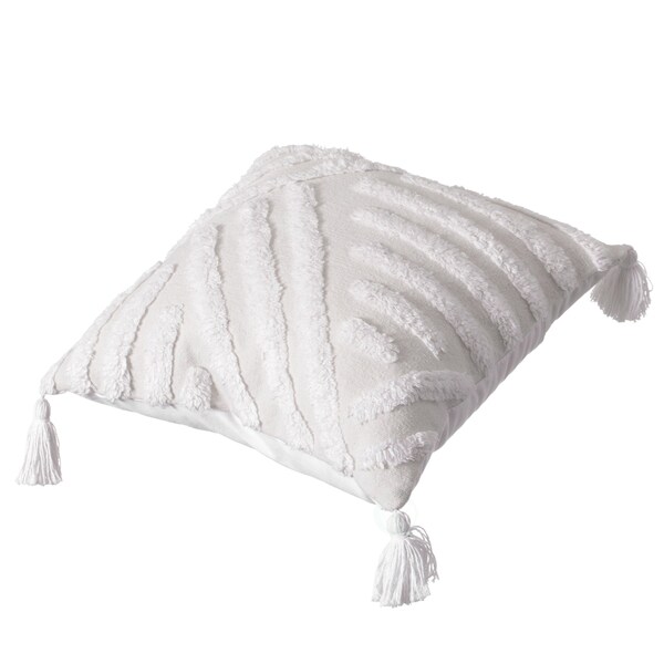 Deerlux 16" Handwoven Cotton Throw Pillow Cover with White Tufted Line Pattern and Tassel Corners, White - QI004305.LN